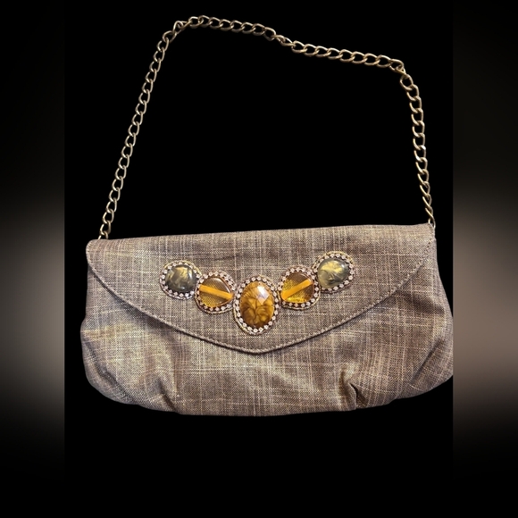Chico's Handbags - Chico's Metallic Gold-Beige Jeweled Evening Clutch